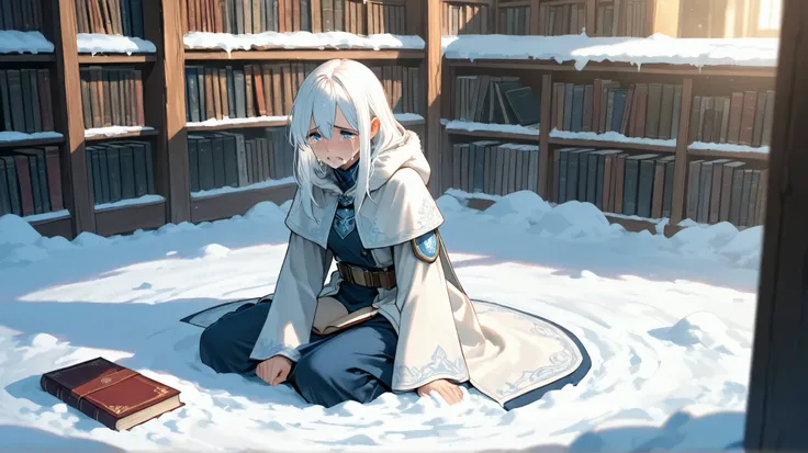 Girl of age 20, long white hair, blue eyes, clothed in survival gear, crying desperately over a book, sits on the floor, old library covered in snow