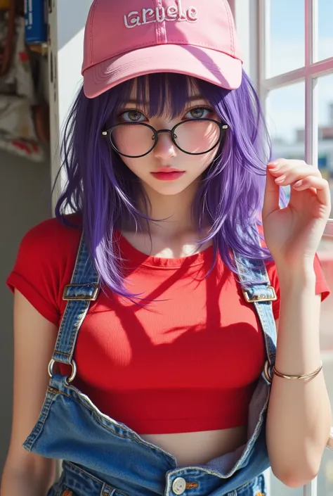 (( top quality)), ((top quality、 Masterpiece、High sensitivity、 high resolution、 detailed depiction of up to the front door、 depicting a delicate face)) ,  ( Hot young  girl  , asian girl , large chests ) , black Glasses、( blue Overalls , red tight t-shirt ...