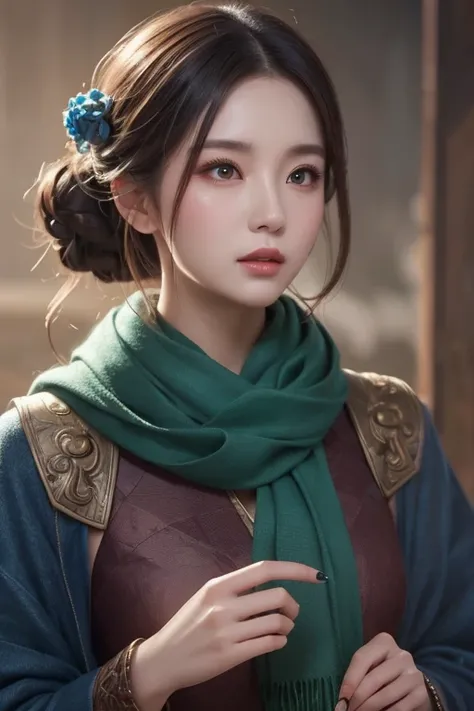 A woman in a blue dress with a long green scarf, Beautiful Portraits,  beautiful fantasy empress , Jan J, style of  ART GEL ,  ART GEL  and ruan jia, extremely detailed  ART GEL , trending  ART GEL ,  ART GEL .   animated illustration  , ruan jia and  ART ...