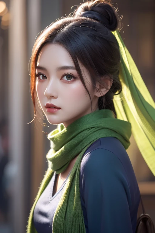 A woman in a blue dress with a long green scarf,facaup,, Beautiful Portraits,  beautiful fantasy empress , Jan J, style of  ART GEL ,  ART GEL  and ruan jia, extremely detailed  ART GEL , trending  ART GEL ,  ART GEL .   animated illustration  , ruan jia a...