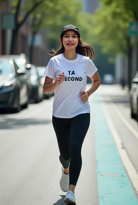 A woman of Asian descent, appearing to be in her twenties, is jogging on a city street. She is wearing a white short-sleeve t-shirt with the words "TA SECOND" printed on it in a simple font, black leggings, and white athletic shoes. She is wearing a black ...