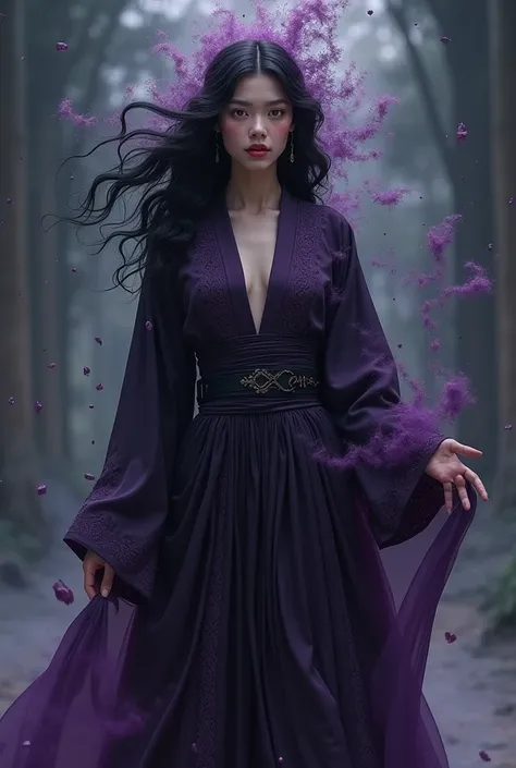 A woman with wavy black hair wearing pigeon robes turns black and purple