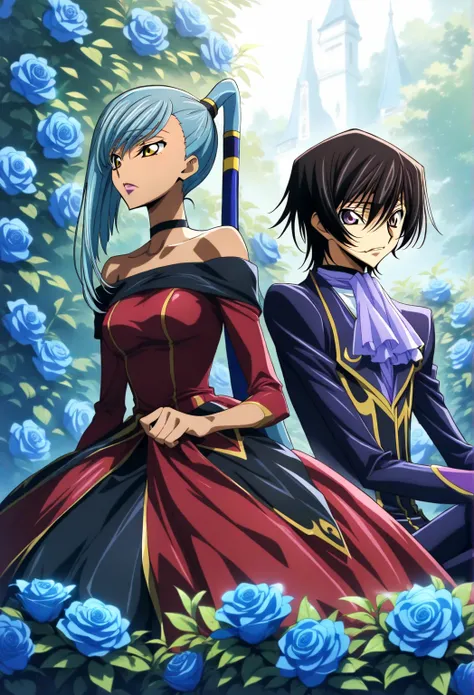  1 GIRL,  1 boy, Villetta　Nuu, lelouch vi britannia,  Year 2024 , code geass, asCot,  shoulder out, blaCk Choker, blaCk hair, Blue Flower, blue  Rose, chest, Bush, Choker, Closed mouth, Collarbone, Couple,  dress, flower, frills,  green hair,  ,  long hair...