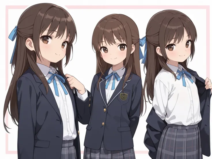 (Top Quality), (Very Aesthetic), (Super Detailed), (Best Illustration), Loli, female , Girl, half updo, Blue Ribbon, Long Hair, Straight Hair, Sideburns, Center Parting, Brown Hair, Brown Eyes, Smiling, (flat breast), (school uniform, blazer, classic style...