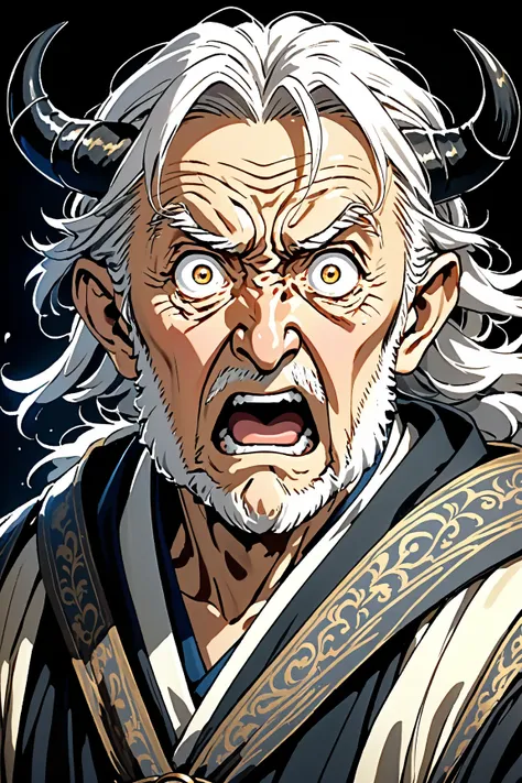 middle ages、Western European old man anime style, has black horns, surprised expression,Astonishment,Exposed to white flashes。