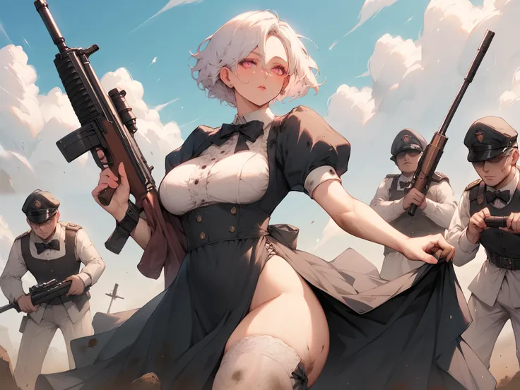 MILF, big breasts, thick thighs, short white hair, pink eyes, butler, holding a rifle, soldier, on battlefield, dirt