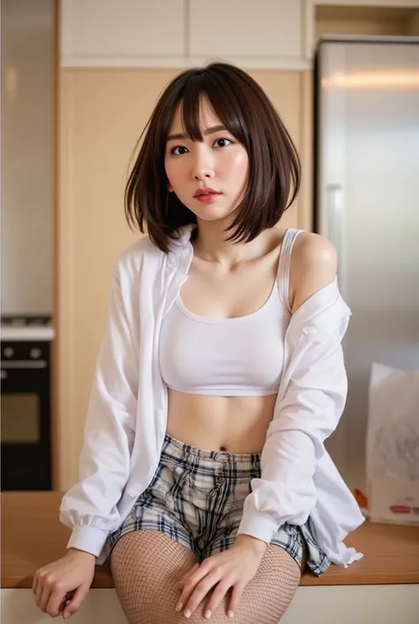  wet white shirt 、 shirts are all unbuttoned and the front opens 、 open shirt、 Very Short Pleated Skirts、 plaid pleated skirt、Black low-rise thongs visible 、 fishnet tights that go above the knee 、 raise the skirt with your hands to show off your panties、 ...