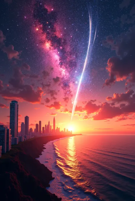  A futuristic sunset in a coastal city ,  with the sky reflecting a grand astronomical event, mixing nebulae ,  shooting stars and a comet cutting through the atmosphere .