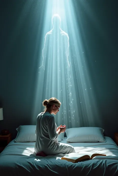 Create an image of a middle-aged Caucasian woman kneeling in a room praying on the bed: an open Bible emanating an intense light on the woman, a beam of light with a humanoid shape that spreads brilliant frost rain on the woman.