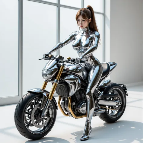 there is a silver statue of a woman riding a motorcycle, hajime sorayama style, inspired by hajime sorayama, style of hajime sorayama, made out of shiny white metal, metallic sculpture, hajime sorayama designed girl, made out of shiny silver, sorayama, chr...