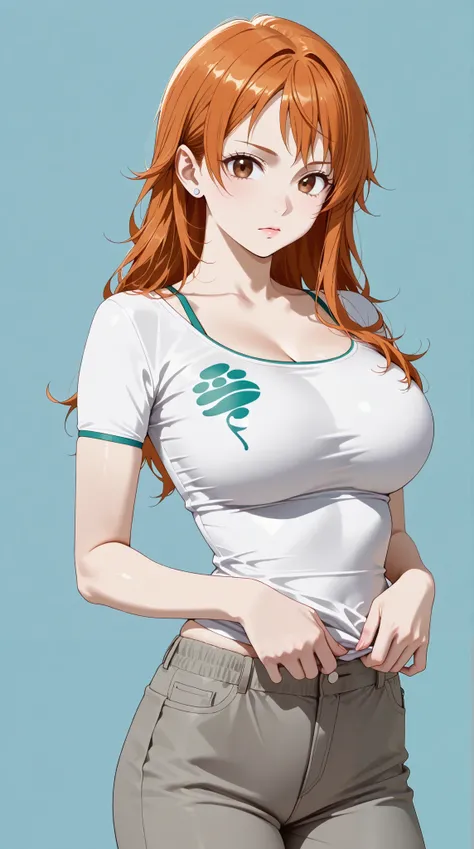 masterpiece, extremely detailed,4k,solo,1girl,adult ,((fullbody)),nami,slim body, sexy legs,perfect body,perfect skin texture,large breasts,housewife,grey short pants,white tshirt,pink niplples, soft light, high detailed, best quality, upper body,looking a...