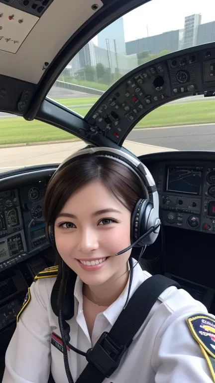 📅 April 15
Helicopter Day
Smiling female pilot in helicopter cockpit。Looking at the 、 instrument with a headset on looks professional 。"