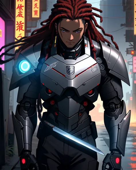 estilo anime realistic,  Japanese anime , anime real, Fury Unleashed, nervous,  African-American man cyborg soldier with double samurai sword,  long red dreadlocks , shiny neon X eyes , with shotgun on the side, heavy mecha armor, cybernetic,  Cyberpunk,  ...