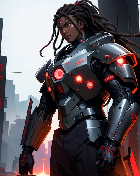 estilo anime realistic,  Japanese anime , anime real, Fury Unleashed, nervous,  African-American man cyborg soldier with double samurai sword,  long red dreadlocks , shiny neon X eyes , with shotgun on the side, heavy mecha armor, cybernetic,  Cyberpunk,  ...