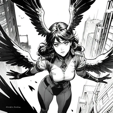 Falcon Woman,  A superhero wearing an elegant brown and white uniform, sensual and beautiful, With his big wings , Soar above the skies of the big city ,detailed art,perfect art, art direction Adam Hughes