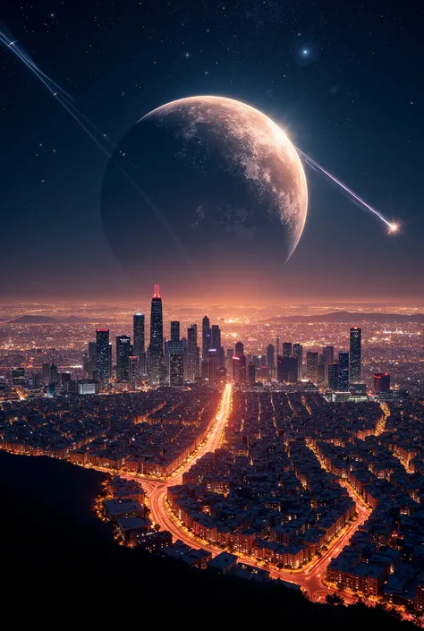  A magical night envelops Los Angeles ,  where the city shines under the influence of an unprecedented heavenly spectacle . Above the skyscrapers ,  the sky rips to reveal a colossal planet ,  floating majestically in the firmament ,  their craters illumin...