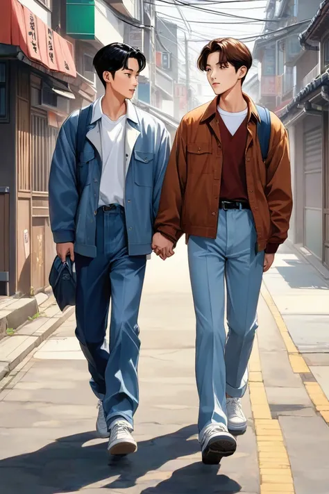 Make a picture of two 18-year-old age boys,  looking like Lee Jung Jae and Lee Byung Jun in the 90s,  walking through the streets of Korea , after leaving school ,  holding hands.  digital art 