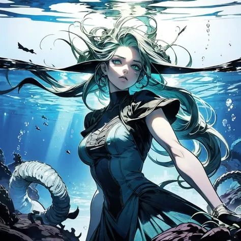 Art inspired by John Buscema, an image of a sea witch,  Long green hair , bad, villain,  she's coming to you , closely, dark ocean,( underwater:1.1), lightning,  bright eyes,  wearing a dress made from seaweed, Tentacles, dust, (closely:1.3), art direction...