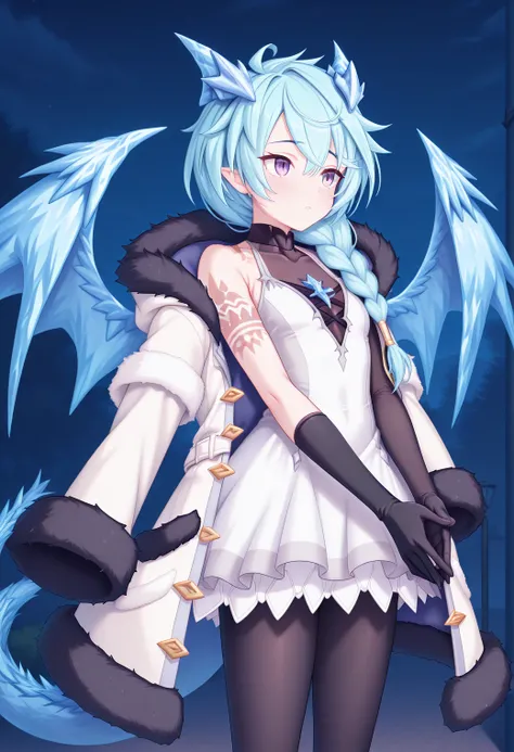  ice,   night ,Alone,  1 GIRL, Petite(147cm),Light blue hair,  long hair,  braided,  dragon tail ,   Dragon Horn  ,  Dragon Wings , stupid hair,  arm tattoo,Sheffydefdress , coat, white coat, fur trim, white dress, covered collarbone, white dress, Covers t...