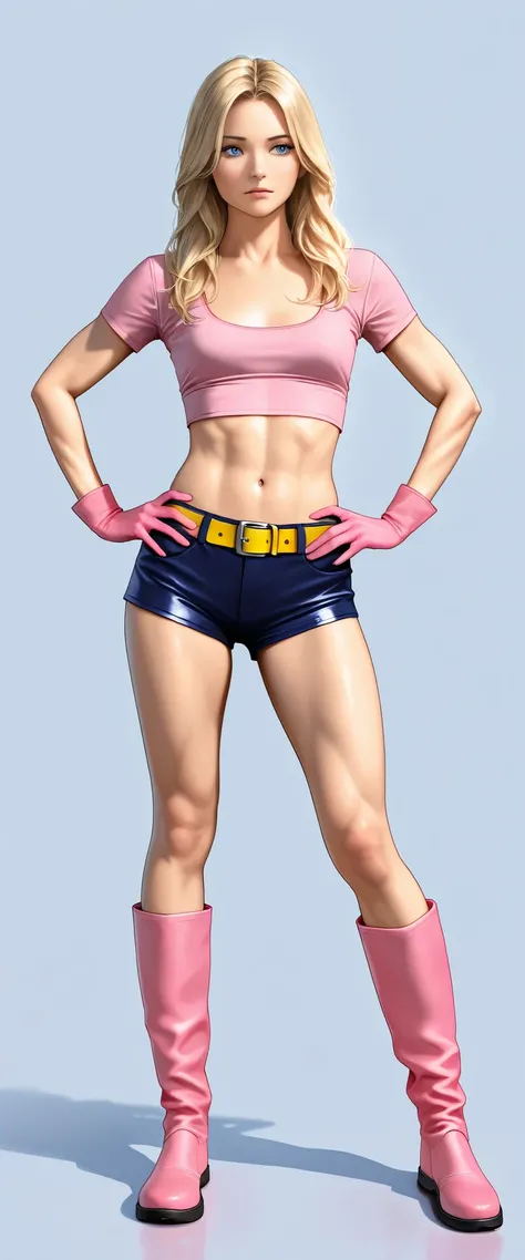 Adult woman, long hair, blonde, blue eyes , toned body, medium chest, pink crop top, tight, scoop neckline, short sleeves, pink gloves, navel, dark blue shorts, leather, yellow belt, pink calf length boots, hands on hips, full body, reality, photorealistic...