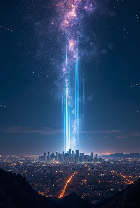 A magical night in Los Angeles ,  where the sky was taken over by a heavenly spectacle ,  with beams of light and shooting stars cutting through the atmosphere as if a new universe were being born.