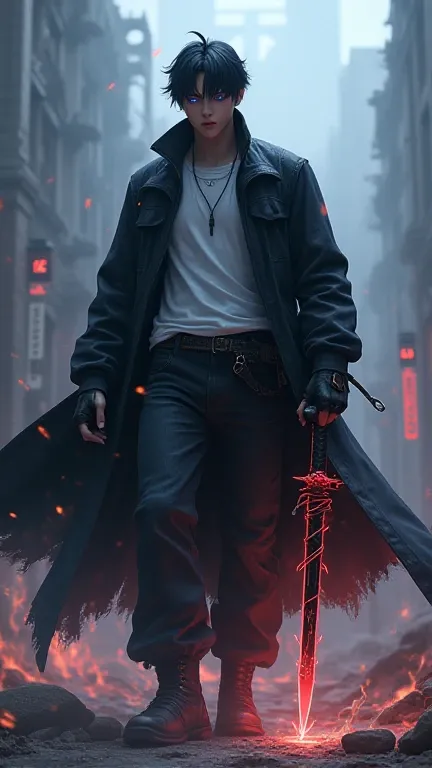 *" hyper-realistic 3D style, An imposing warrior with short black Korean-style hair and glowing dark blue eyes, dressed in a black jacket, long white t-shirt that covers his belt and dark jeans. His body emanates a dark energy and forming silhouettes of sp...