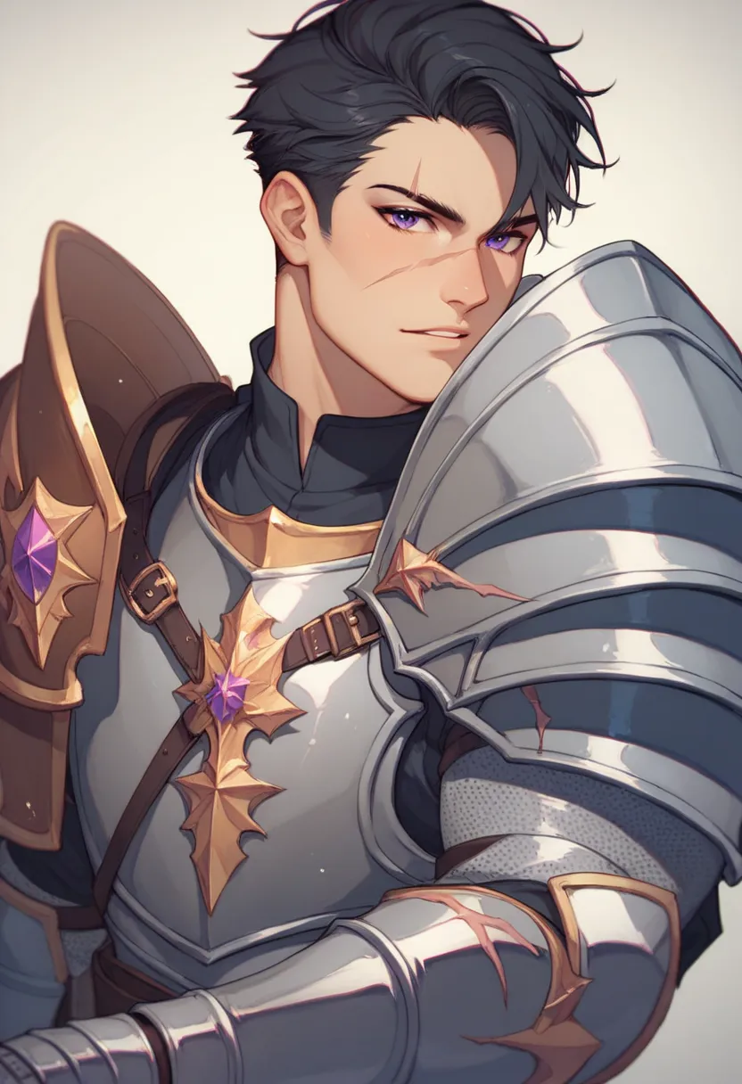 Human Male ,  Scars  ,Purple eyes , Black hair , Knight armor 