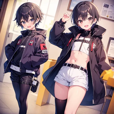  1 boy,  Shota,  s, Feminine boy,  Oversized Jacket,  hot pants,  thighs,  smiles gently