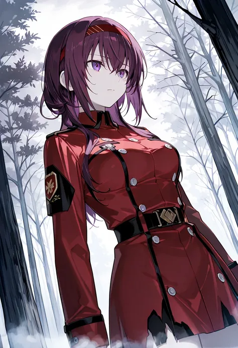 1 woman, pale skin, solo, dutch angle, purple hair, violet eyes, beautiful detailed eyes, dark red headband, cold stare, medium breasts, torn uniform, military, futuristic, serious expression, fog, forest, masterpiece, high quality, highly detailed