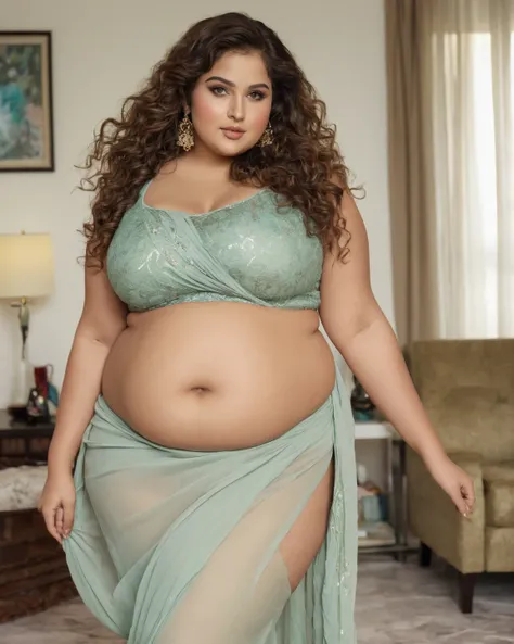 A thick BBW curvy sexy glamorous girl with pretty face blue eyes long brown curly hair style full cosmetics makeup wide hips thick big thighs is wearing lowwaist transparent indian style chiffon Saree open showing her sexy curvy chubby belly navel thick bi...