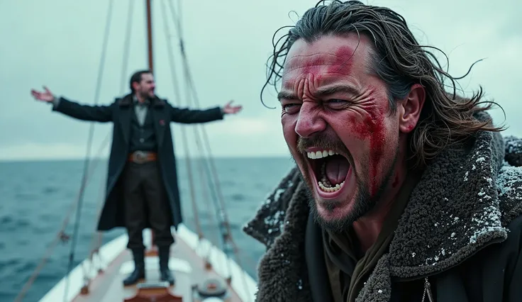 Leonardo in *Titanic* (arms wide on the ship’s bow) with a **glitch transition** to *The Revenant* (bloodied face roaring)