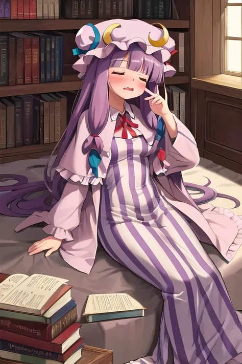  Masterpiece,  top quality, super detailed,  1 GIRL,  patchouli_Knowledge_Longing for a library,Booksshelf, lie down,  cinematic angles  ,Books,,bump,Carbonized black, close your eyes,Wavy Mouth, panic