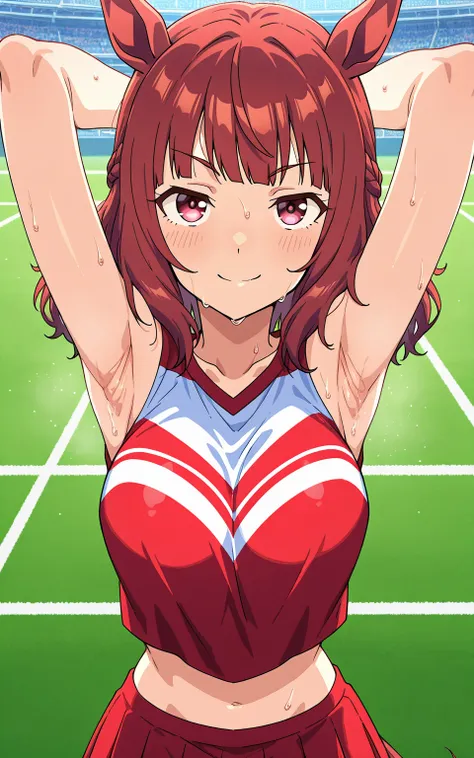 score_9, score_8_up, score_7_up, source_anime, anime screencap, 1girl, solo, gold ship umamusume, red hair, eyebrows, red eyes, medium hair, hair bang, bare shoulders, red cheerleader outfit, sleeveless, arms behind head, armpits, looking at viewer, head t...