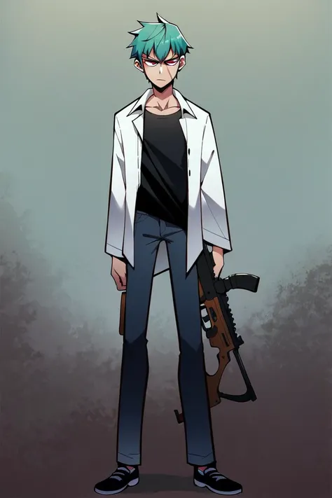 Male ager ,solo, white button down open shirt, black t-shirt, black jean pants, black sneakers, teal hair, scar neck , red eyes, serious look, masterpiece, best quality, standing, holding type-two assault rifle