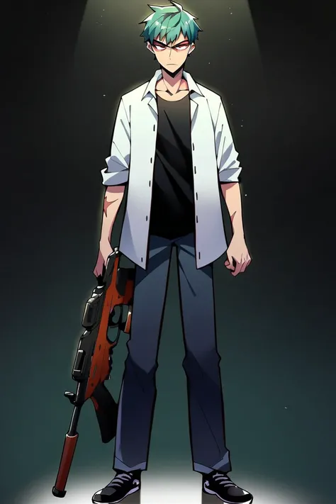 Male ager ,solo, white button down open shirt, black t-shirt, black jean pants, black sneakers, teal hair, scar neck , red eyes, serious look, masterpiece, best quality, standing, holding type-two assault rifle