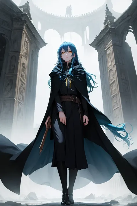 1 , Alone,  long hair,  blue hair,  yellow eyes , Black cloak,  high resolution, 