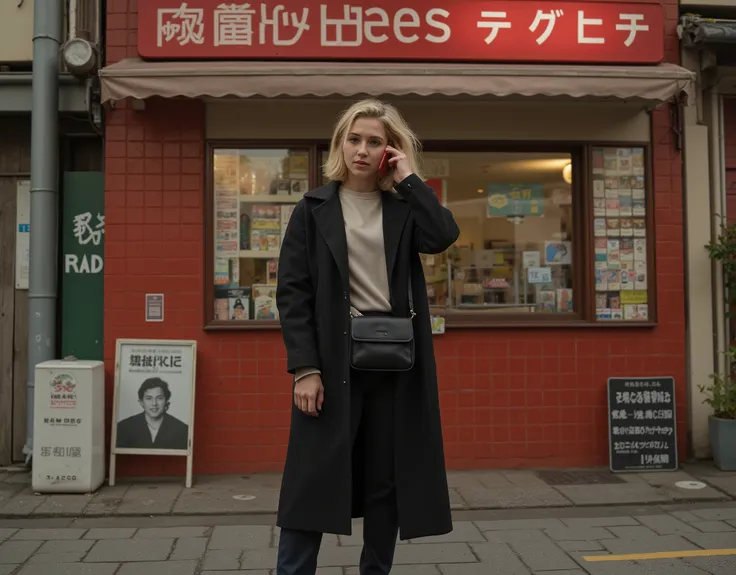 A professional photograph of a young woman with a medium build and shoulder-length blonde hair, posing in front of a small retro-style tobacco shop. She is wearing a long black coat over a light-colored sweater, dark pants, and comfortable black shoes. A b...