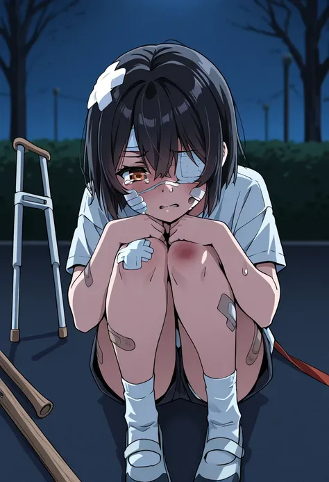 a girl,amber eye,black hair,injured,bruised eye,white medical eyepatch,tattered,bandage on forehead,bandaids on nose,gauze on cheek,tattered bandage on leg,using crutches,painful face,blushed,tears,in night park,anime moe style