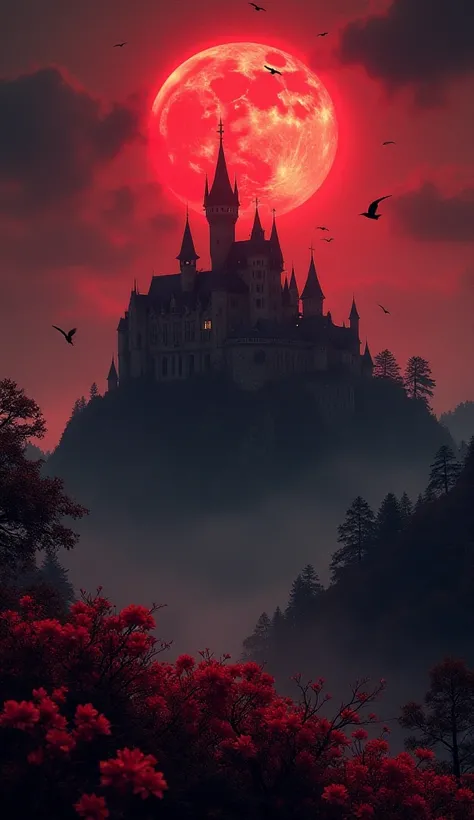 Un château immense en style ghotique, dans une grande vallée de terre noire et un ciel rouge et une lune rouge. Des orchidées rouge au pied du château de mur noir. Des corbeaux volant tout autour. L'ambiance est sombre. Il fait nuit. La lune rouge. Les nua...