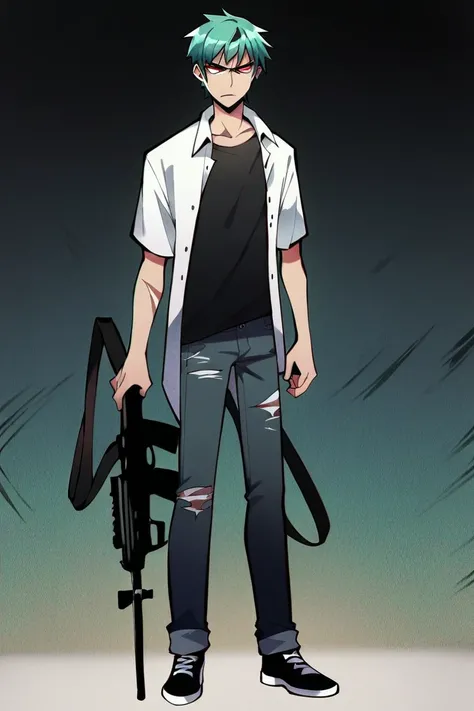 Male , solo, white button down open shirt, black t-shirt, black jean pants, black sneakers, teal hair, scar neck , red eyes, serious look, masterpiece, best quality, standing, holding type-two assault rifle