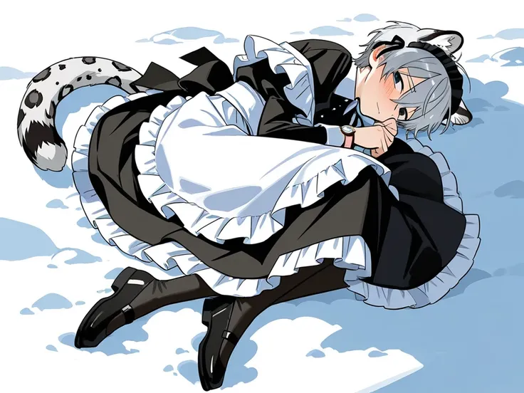  Watch Viewers ,( full body), 1 boy lying down, solo, raise your legs higher, Spread your knees in an M shape,  Silver Hair,Snow leopards have grown ears ,  maid clothes,  shy face, 