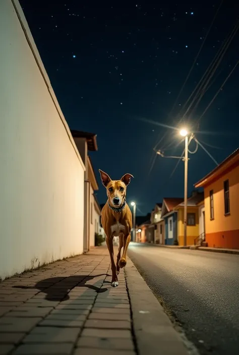 Um Greyhound amarelo, Running into the distance , From the back of the scene ,  at high speed, on a sidewalk, Front view of the dog.  Next to an extensive white wall, very high, With a vitro, And with a roof. paved street,  with new and other old houses, m...