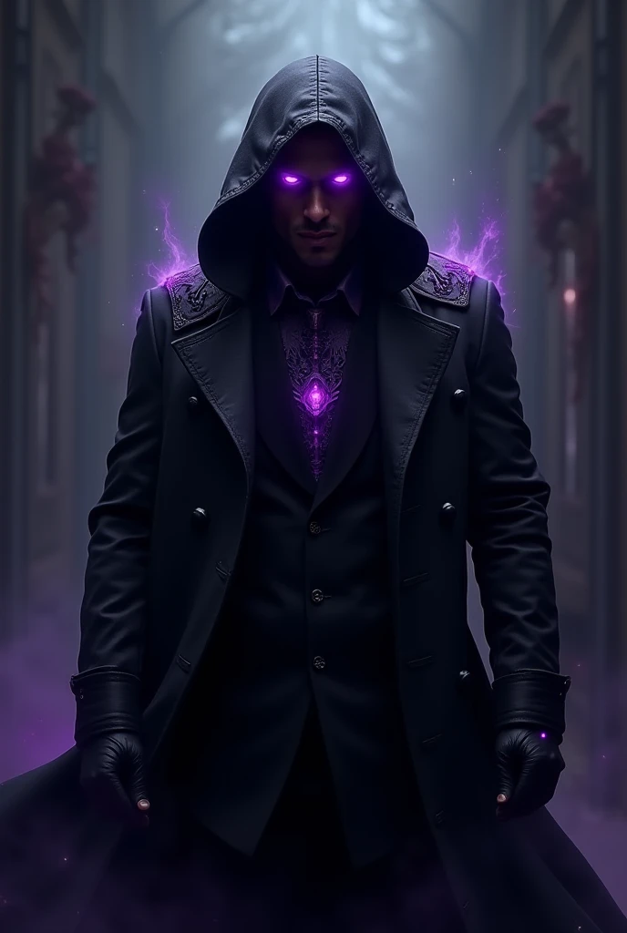 a man in a black trench coat and hoodie with purple decorations and intense purple powers