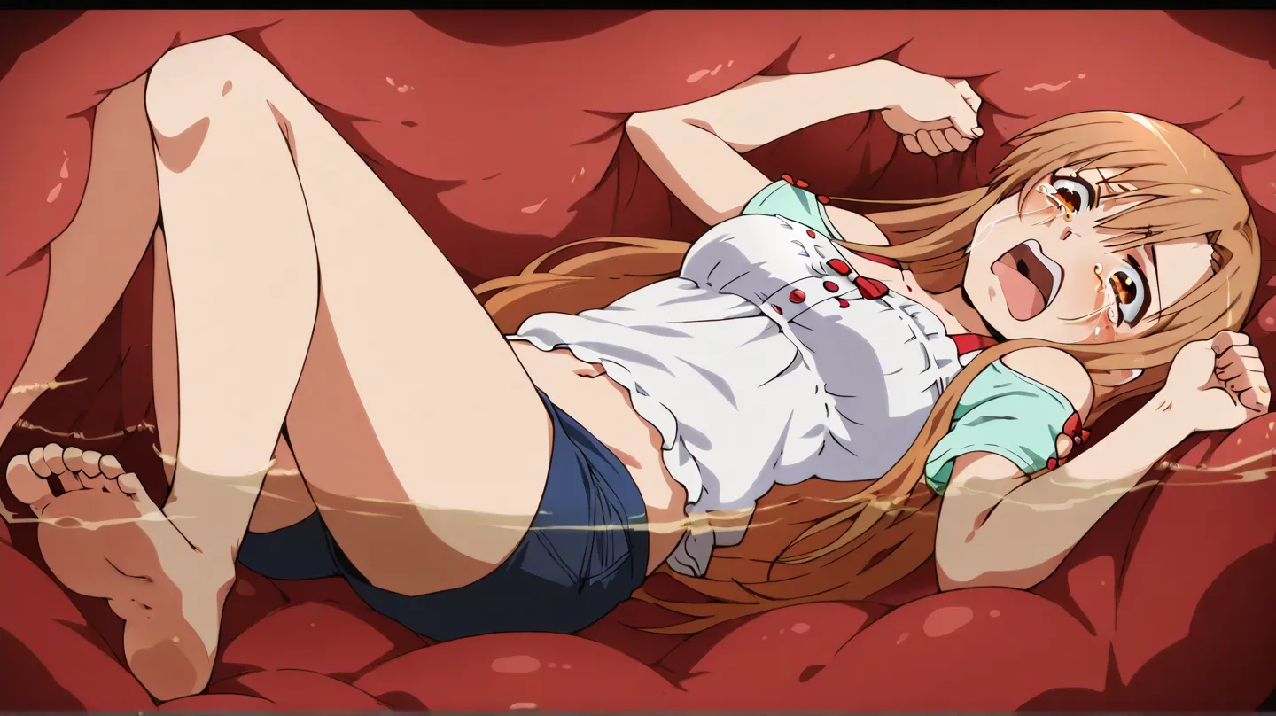 anime screencap, asuna, everyday casual outfit, fullbody, sole feet, inside a stomach,
stomach interior, tears, open mouth, front view shot, barefoot, on back, pose, screaming, punching,