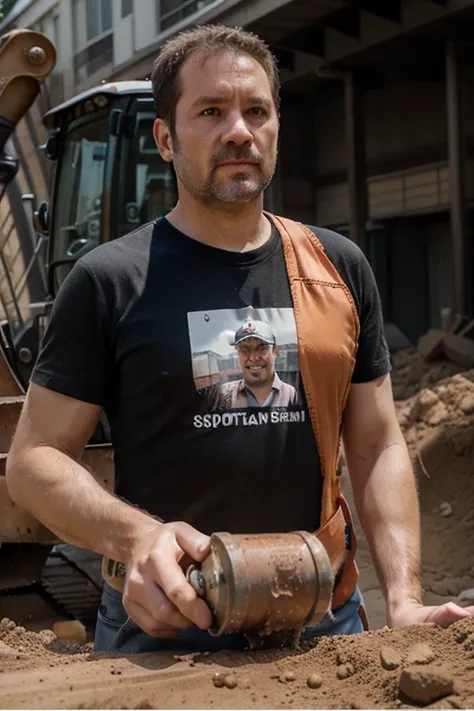  Make a caricature of a 40-year-old man operating a doosan excavator, wearing a red septi krja shirt , original photo,  realistic 