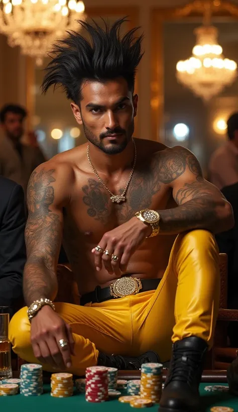 shirtless Deva Bhagya, a 23-year-old Hindu man with a lean, athletic build and towering height of 6'10", sitting at a high-stakes poker tournament table in the opulent Casino de Monte-Carlo. He wears skin-tight yellow leather pants, a black leather belt wi...