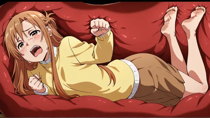 anime screencap, asuna, yellow sweater, long brown skirt,  barefoot, fullbody, sole feet, inside a stomach,
stomach interior, tears, open mouth, front view shot, on back, pose, screaming, punching,