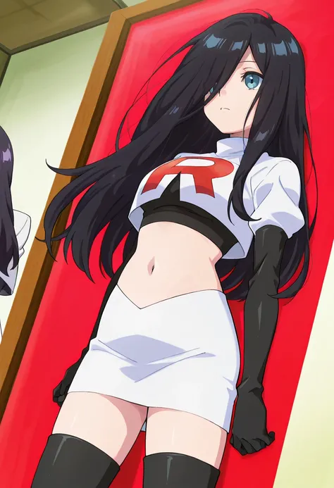 best quality, masterpiece
BREAK
1girl, natsukohirose, black hair, long hair, blue eyes,
team rocket,team rocket uniform,white skirt,red letter R,crop top,black thigh-highs,black elbow gloves, cowboy shot,
indoors