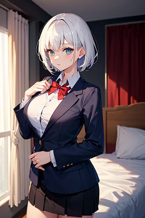   Female High School Student。 wearing blazer uniforms。 A white-haired woman with short hair   。    sexy,  big breast  。 I'm at the hotel   。