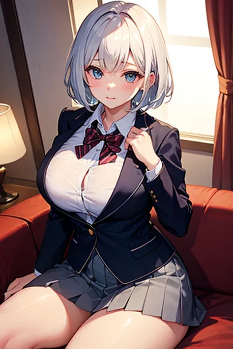   Female High School Student。 wearing blazer uniforms。 A white-haired woman with short hair   。    sexy,  big breast  。 I'm at the hotel   。